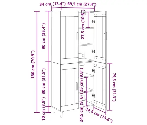 Augstais Skapītis Artisānā Ozols 69,5 X 34 X 180 Cm Vidaxl