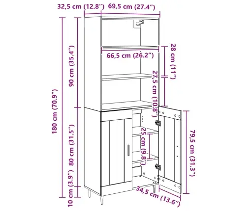 Augstais Skapītis Artisānā Ozols 69,5 X 34 X 180 Cm Vidaxl