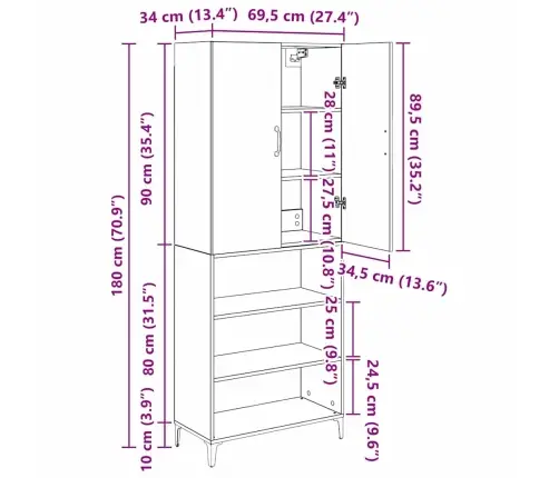 Augstais Skapītis Artisānā Ozols 69,5 X 34 X 180 Cm Vidaxl