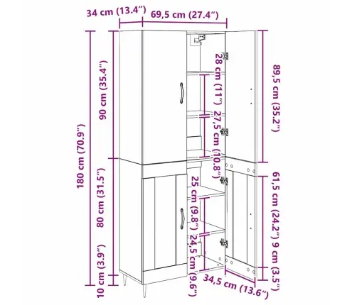 Augstais Skapītis Artisānā Ozols 69,5 X 34 X 180 Cm Vidaxl