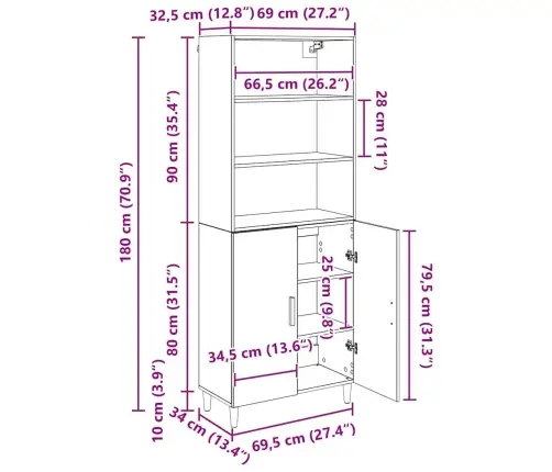 Augstais Skapītis 2 Pcs Melns Ozolkoks 69,5 X 34 X 180 Cm Vidaxl
