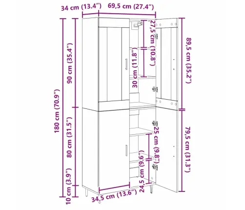 Augstais Skapītis Melns Ozolkoks 69,5 X 34 X 180 Cm Vidaxl