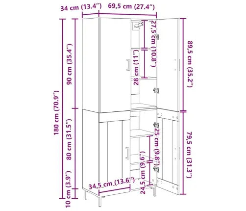 Kõrgushein Must Tamm 69,5 X 34 X 180 Cm Tehispuit