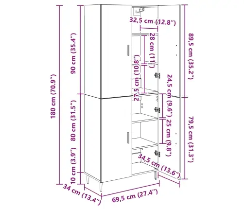Augstais Skapītis Melns Ozols 69,5 X 34 X 180 Cm Vidaxl