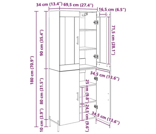 Augstais Skapītis 2 Pcs Melns Ozolkoks 69,5 X 34 X 180 Cm Vidaxl