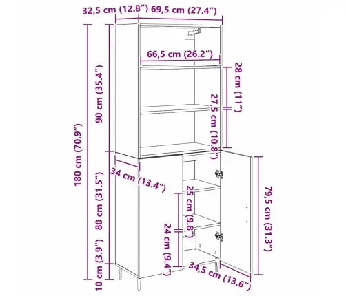 Augstais Skapītis 2 Pcs Melns Ozolkoks 69,5 X 34 X 180 Cm Vidaxl