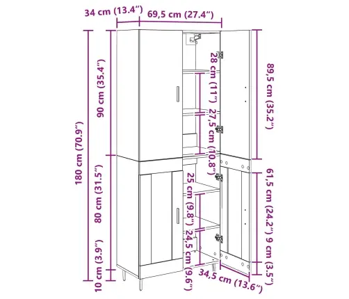 Augstais Skapītis Melns Ozols 69,5 X 34 X 180 Cm Vidaxl