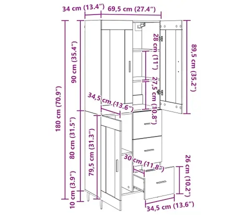 Augstais Skapītis Melns Ozolkoks 69,5 X 34 X 180 Cm Vidaxl