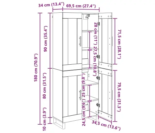 Augstais Skapītis Melns Ozolkoks 69,5 X 34 X 180 Cm Vidaxl