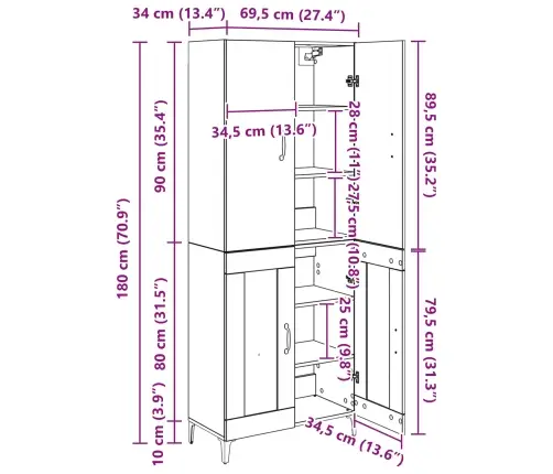 Kõrgushein Must Tamm 69,5 X 34 X 180 Cm Tehispuit