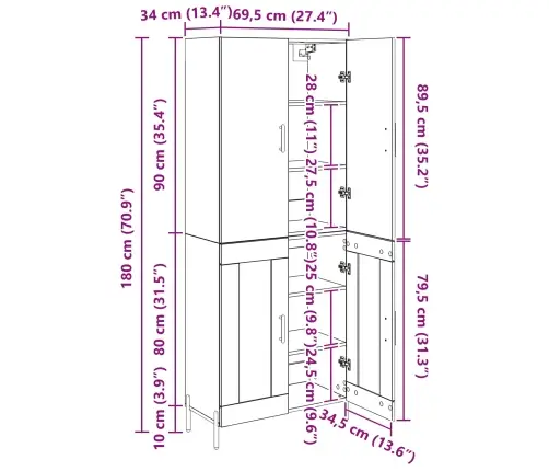 Kõrgushein Must Tamm 69,5 X 34 X 180 Cm Tehispuit