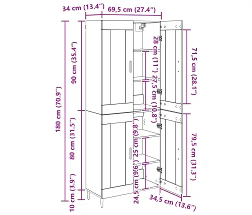 Augstais Skapītis Melns Ozolkoks 69,5 X 34 X 180 Cm Vidaxl