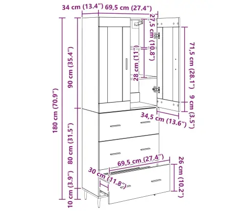 Augstais Skapītis Melns Ozolkoks 69,5 X 34 X 180 Cm Vidaxl
