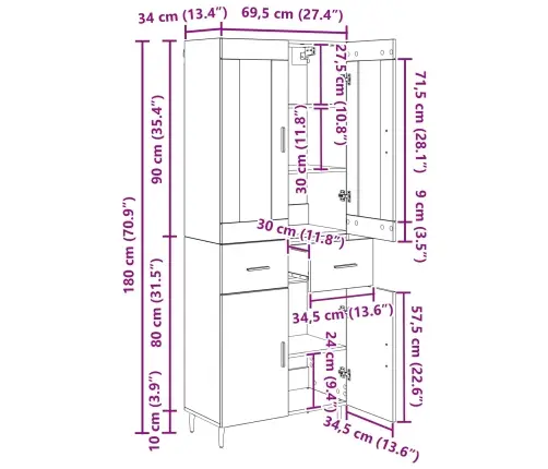 Augstais Skapītis Melns Ozolkoks 69,5 X 34 X 180 Cm Vidaxl