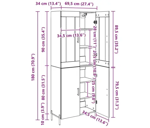 Augstais Skapītis Melns Ozolkoks 69,5 X 34 X 180 Cm Vidaxl