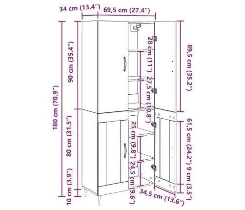 Augstais Skapītis Melns Ozolkoks 69,5 X 34 X 180 Cm Vidaxl