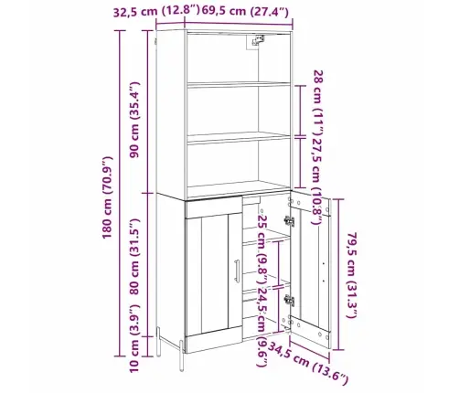 Augstais Skapītis 2 Pcs Melns Ozols 69,5 X 34 X 180 Cm Vidaxl
