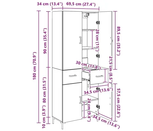 Aukštas Spintelė Su Stalčių Juodas Ąžuolas 69,5 X 34 X 180 Cm
