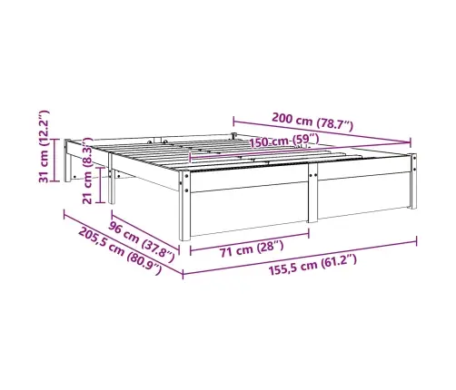 Gultas Rāmis Vaks Brūns 150 X 200 Cm Cieta Priede Vidaxl