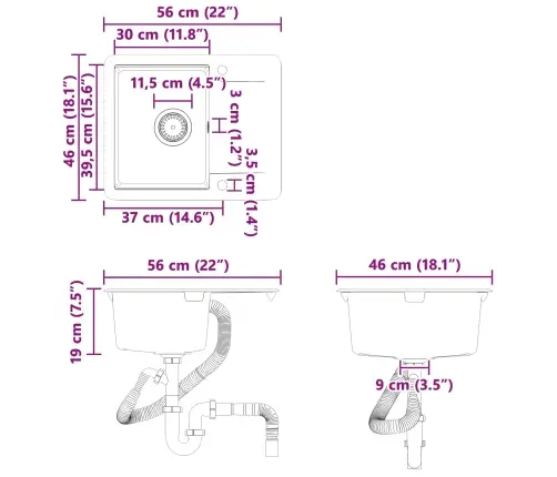 Izlietne Pelēka 560 X 460 Mm 80% Kvarts Un 20% Sveķi Vidaxl