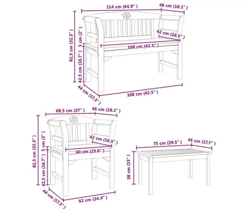 Mēbeļu Komplekts Ar Spilvenu 3 Pcs Dabiska Cietā Akācijas Koks Vidaxl