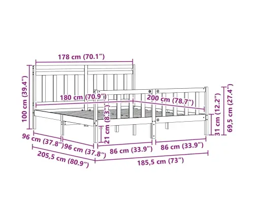Gultas Rāmis 2 Pcs Vaks Brūns 180 X 200 Cm Ciets Priedes Koks Vidaxl