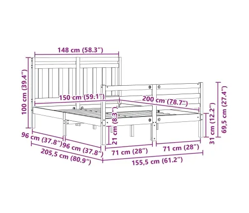 Gultas Rāmis Ar Galvas Klāju 2 Pcs Vaks Brūns 150 X 200 Cm Vidaxl