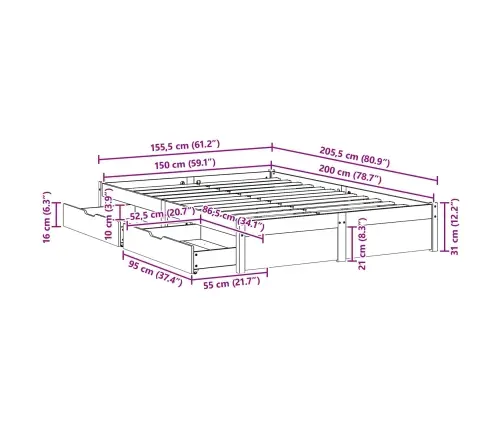 Lovos Rėmas Vaško Ruda 160 X 200 Cm Kietas Pušies Medis