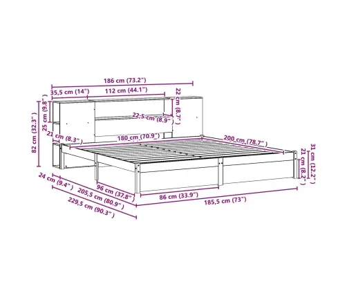 Grāmatu Skapis Gultas Rāmis Vaks Brūns 180 X 200 Cm Vidaxl