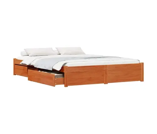 Gultas Rāmis Ar Atvilktni Vaks Brūns 150 X 200 Cm Cieta Priede Vidaxl