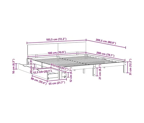 Gultas Rāmis Ar Atvilktni Vaks Brūns 180 X 200 Cm Cieta Priede Vidaxl
