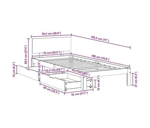 Gultas Rāmis Ar Atvilktni Vaks Brūns 70 X 190 Cm Cieta Priede Vidaxl