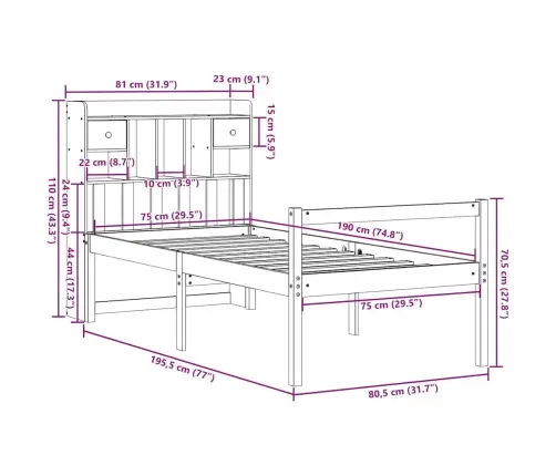 Gulta Ar Grāmatu Plauktu, Bez Matrača, 75X190 Cm, Priede Vidaxl