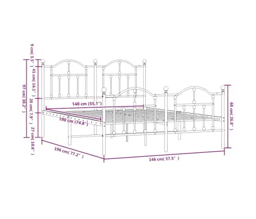 Gultas Rāmis Ar Galvgali Un Kājgali, Melns Metāls, 140X190 Cm Vidaxl