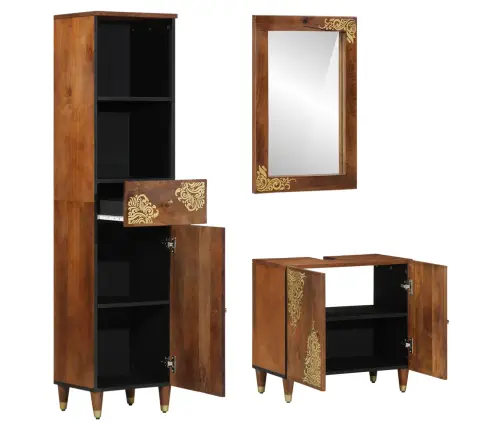 3 Gabalu Vannas Istabas Mēbeļu Komplekts Cieta Raupja Koka Mango Vidaxl