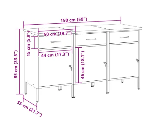 Darba Skapis Ar Slēdzeni 3 Pcs Melns Un Pelēks 150 X 55 X 85 Cm Vidaxl