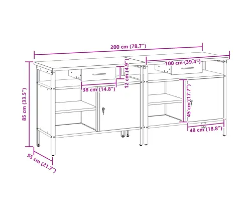 Darbagalda Komplekts Ar Atvilktni 2 Pcs Melna 200 X 55 X 85 Cm Vidaxl