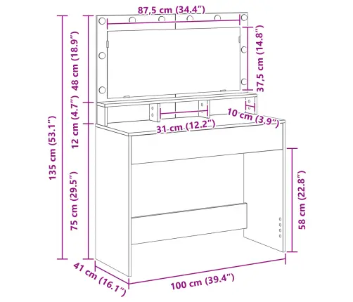 Balts Tualetes Galds Ar Led Gaismām - 100X41X135 Cm Vidaxl