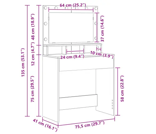 Tualetes Galdiņš Ar Led Lampām Dūmots Ozols 79X41X135 Cm Vidaxl