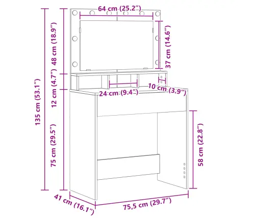 Kosmētikas Galds Ar Led Gaismām, Artisan Oak, 79X41X135 Cm Vidaxl