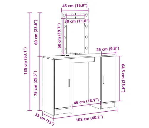 Dresinggalda Ar Led Gaismām Mākslīgajā Ozolā 102X33X135 Cm Vidaxl