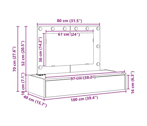 Riietumislaud Led -Ribatuledega Hall 100 X 40 X 70 Cm Tehispuit