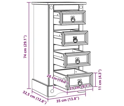 Naktsgaldiņš Balts 35 X 32,5 X 74 Cm Ciets Priedes Koks Vidaxl
