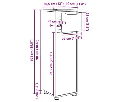 Vannas Istabas Skapītis Ar Atvilktni Balts 30,5 X 30 X 101 Cm Vidaxl