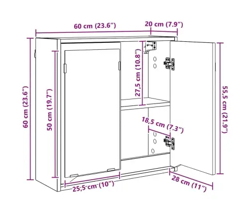 Vannas Istabas Spoguļu Skapis Betona Pelēks 60 X 20 X 60 Cm Vidaxl