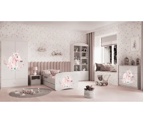 Łóżko babydreams białe konik z szufladą materac 140/70