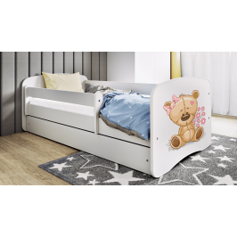 Bērnu gulta balta Bear Flowers ar atvilktni un lateksa matraci 160x80