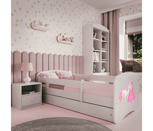 Gulta balta Princess Horse ar kokosriekstu matraci bez atvilktnes 180x80