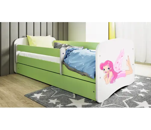 Łóżko babydreams zielone wróżka ze skrzydełkami z szufladą materac 180/80