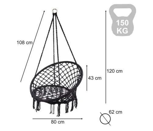 Stārķa ligzda krēsls šūpoles ar atzveltni melns 80cm